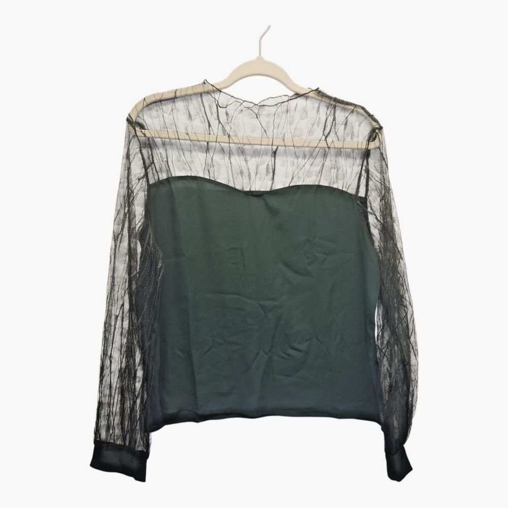 Whimsigoth Sheer Dark Green Mock Neck Yoke & Long Sleeves Blouse Women's LARGE